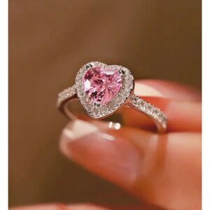 Pretty PINK & Clear Rhinestone HEART Women's Ring Size 7